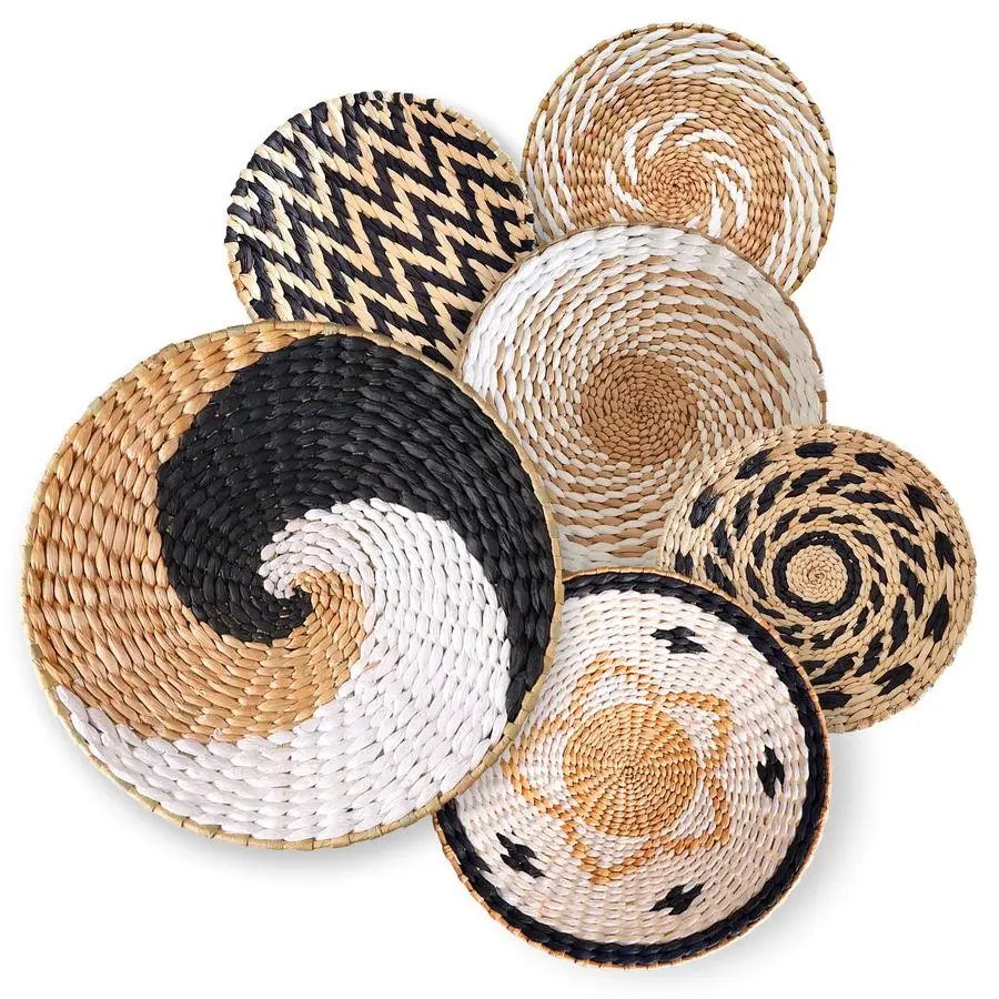 

of 6 Large Round Rustic Farmhouse Trendy Wall Decor Rattan Seegrass Handcrafted Hanging Woven Wall Baskets With Attached Hooks P