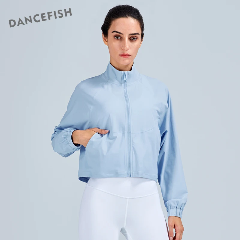 DANCEFISH damska kurtka sportowa non-iron Top z kieszonką Outdoor Fitness ćwiczenia bieganie odzież sportowa Casual Loose Yoga Sportwear