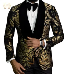 Men's 2-piece suit, custom black velvet shawl collar black gold flower jacket black trousers suit men/wedding/dinner