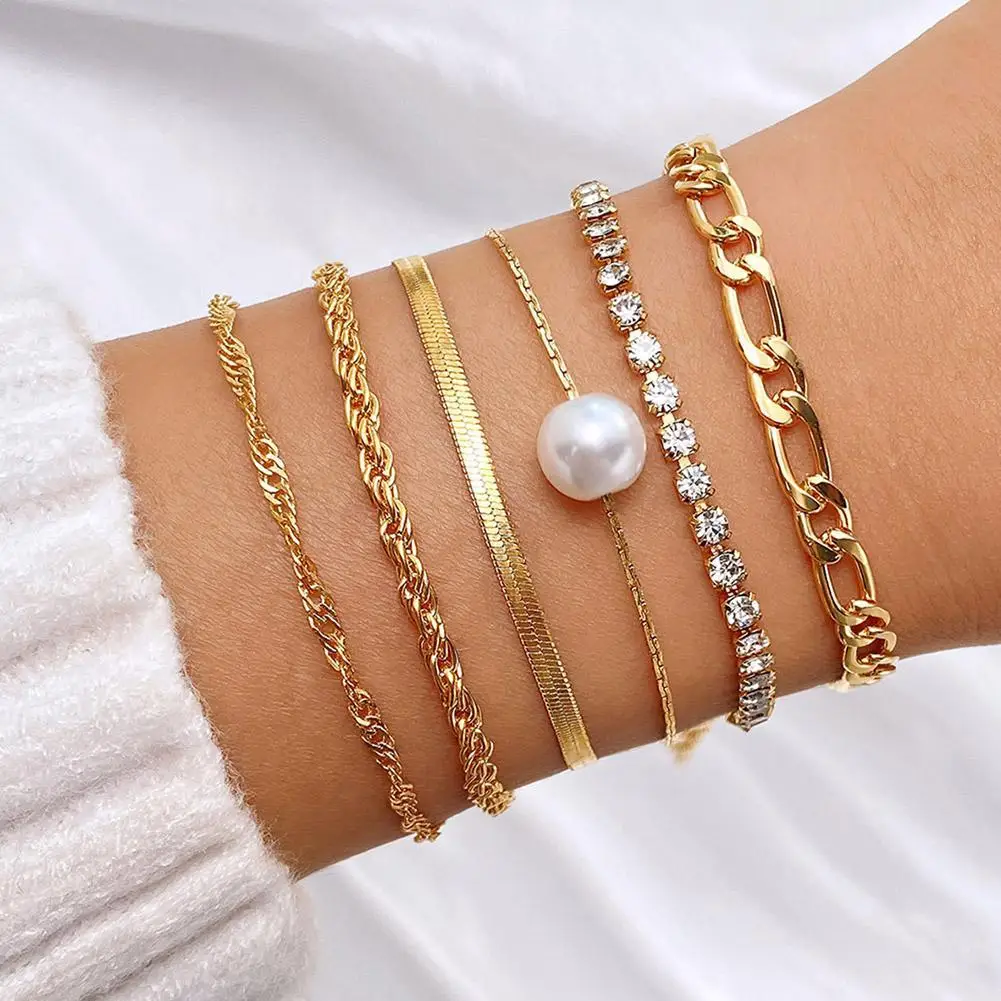 Simple High-end 6PCS Bohemian Minimalist Hand Decoration Metal Chain Women's Multi Layered Chain Bracelet Birthday Accessories G