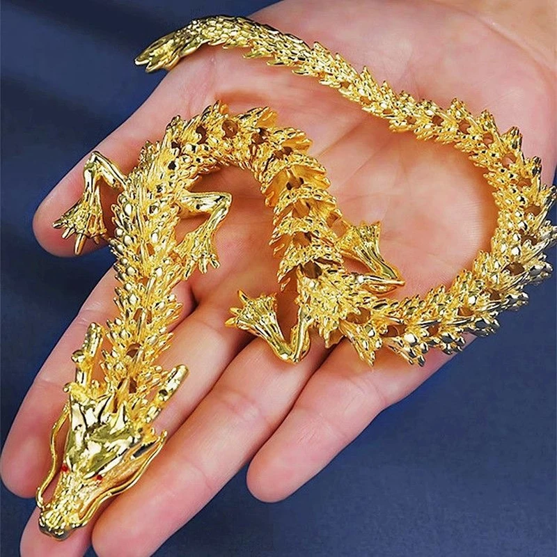 Estatua de Dragón Dorado Majestuoso en Aleación 3D con Extremidades Móviles - Decoración de Escritorio para el Hogar, Símbolo de Poder y Buena Suerte, Dragón 3D