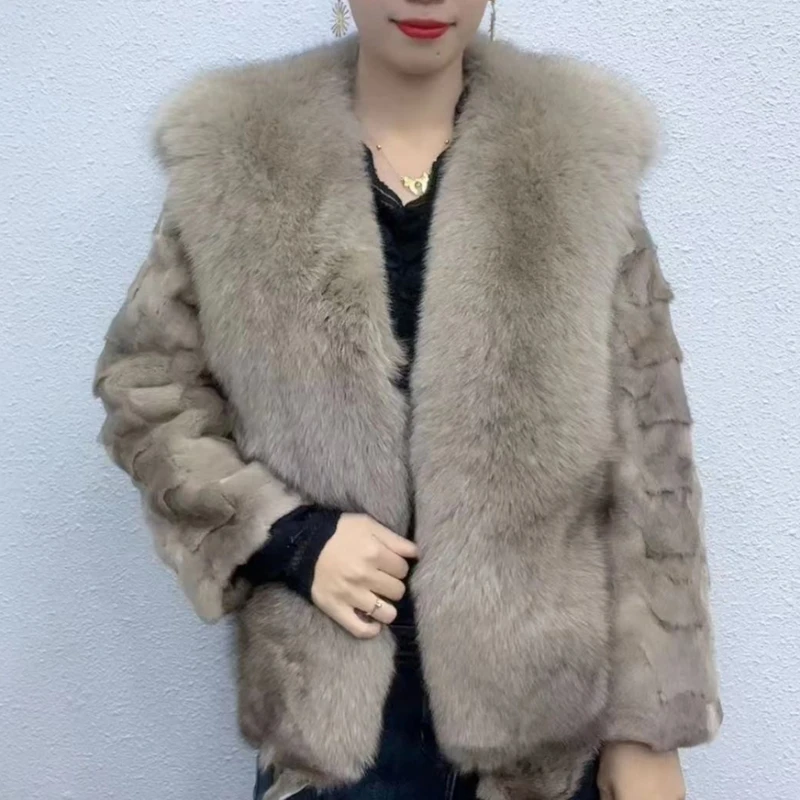 Luxury Brand Real Fox Fur Collar Natural Mink Short Coat Winter Jacket Women Thick Warm Outerwear Streetwear New Fashion