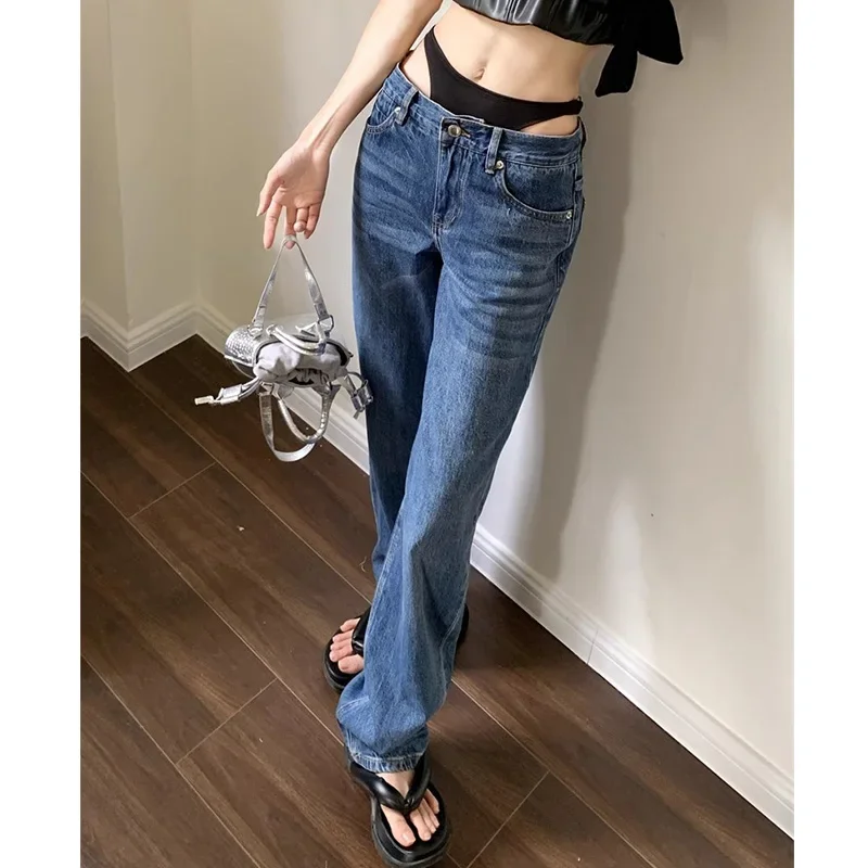 Blue Vintage Tierred Jeans Women Streetwear Hollow Out Y2k Denim Ladies Straight Pants Korean Fashion Soft Jean Mom