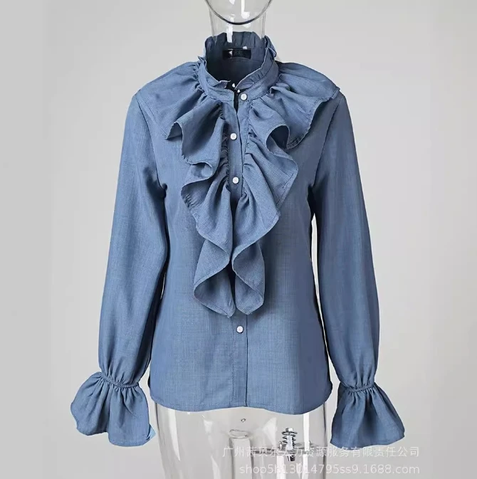 Camisa feminina com babados Denim manga comprida, novo