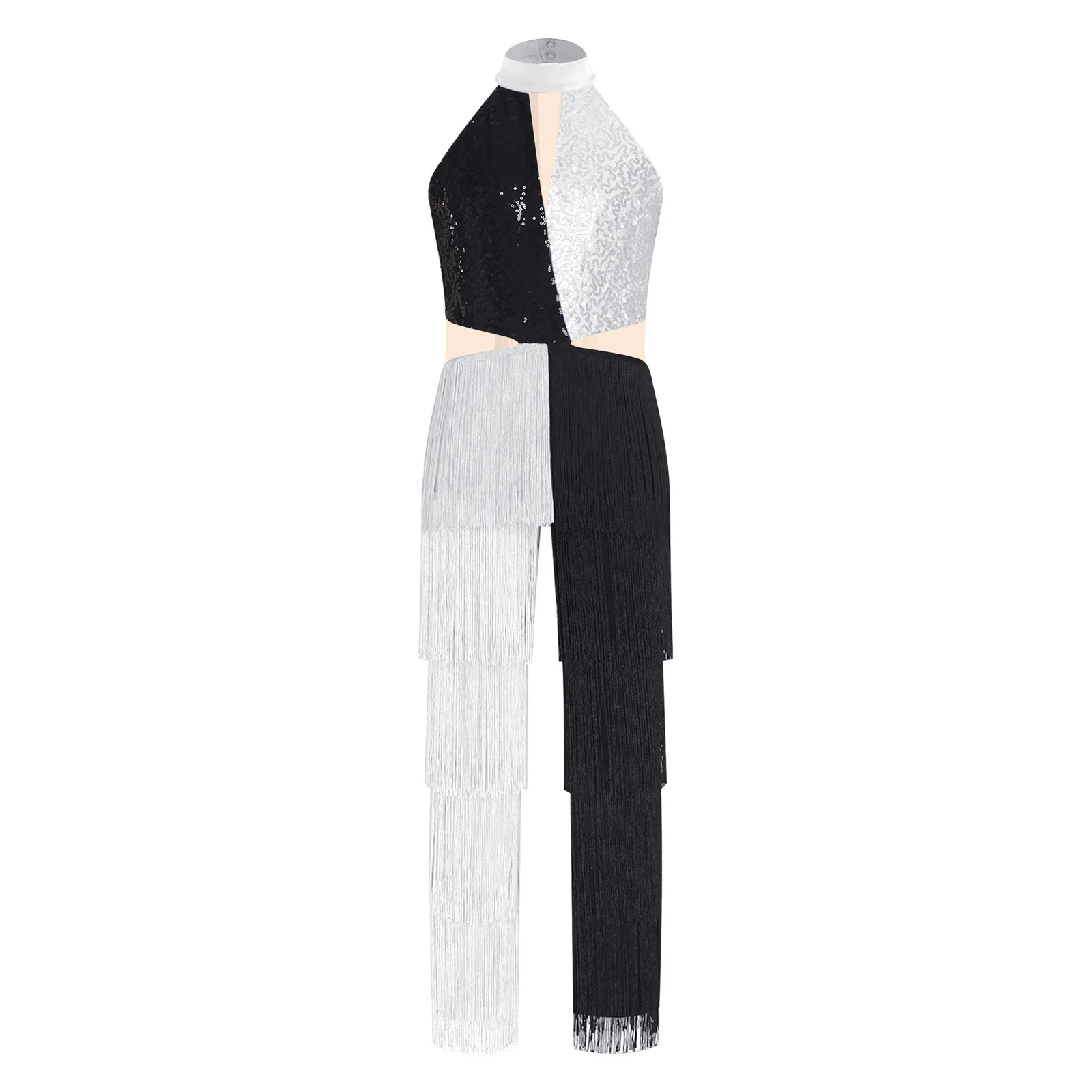 키즈 걸즈 라틴 디스코 댄스 점프수트 반짝이는 스팽글 태슬 컬러 블록 점프수트 홀터 슬리브리스 컷아웃 백 바디수트 댄스웨어