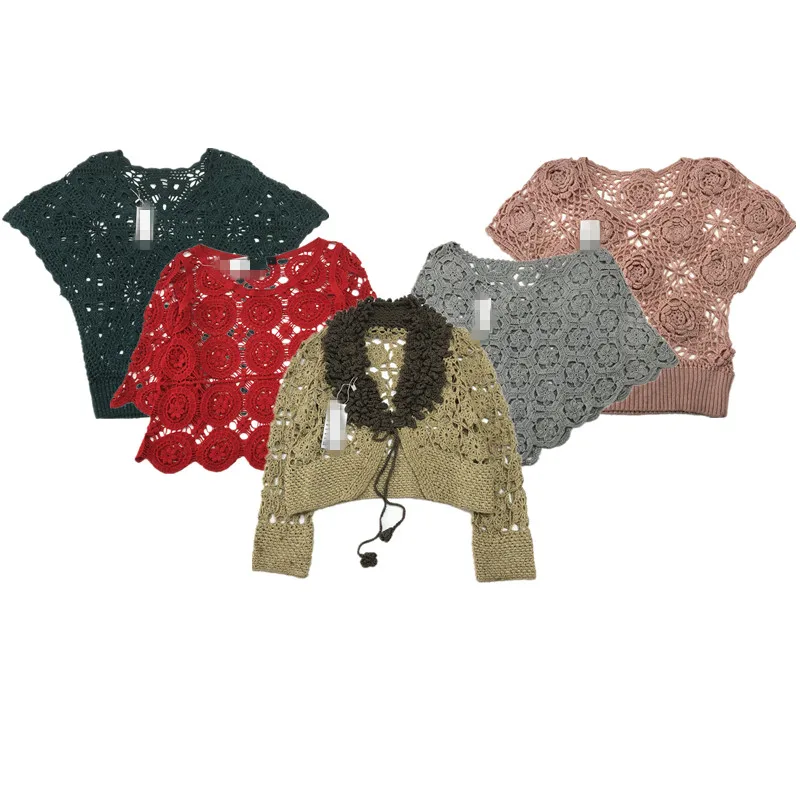 

Hand Knitted Embroidered Double Layer Hollow out Pure Color Luxury Floated Flower Mixed Fiber Sweater for Women Summer 2024