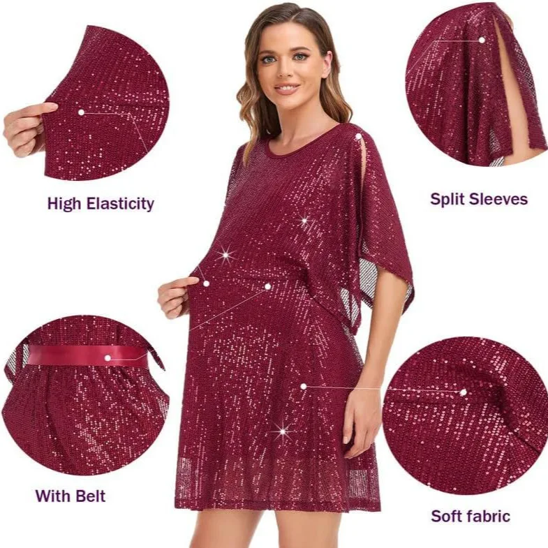 Women\'s Sequin Loose Dress Party Slit Sleeves Casual Loose Mini Short Dress Solid Color Temperament Commuter A-line Skirt