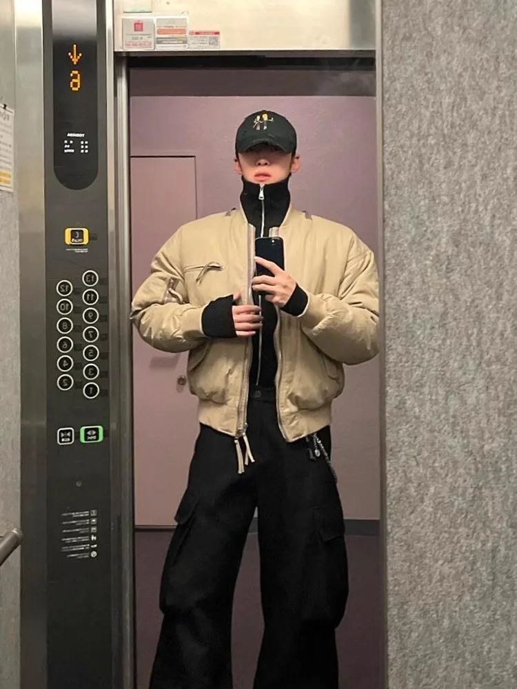 

Мужская зимняя теплая куртка-бомбер цвета хаки из утолщенного хлопка, в бейсбольном стиле, с длинными рукавами, из полиэфирного волокна, в стиле Cleanfit