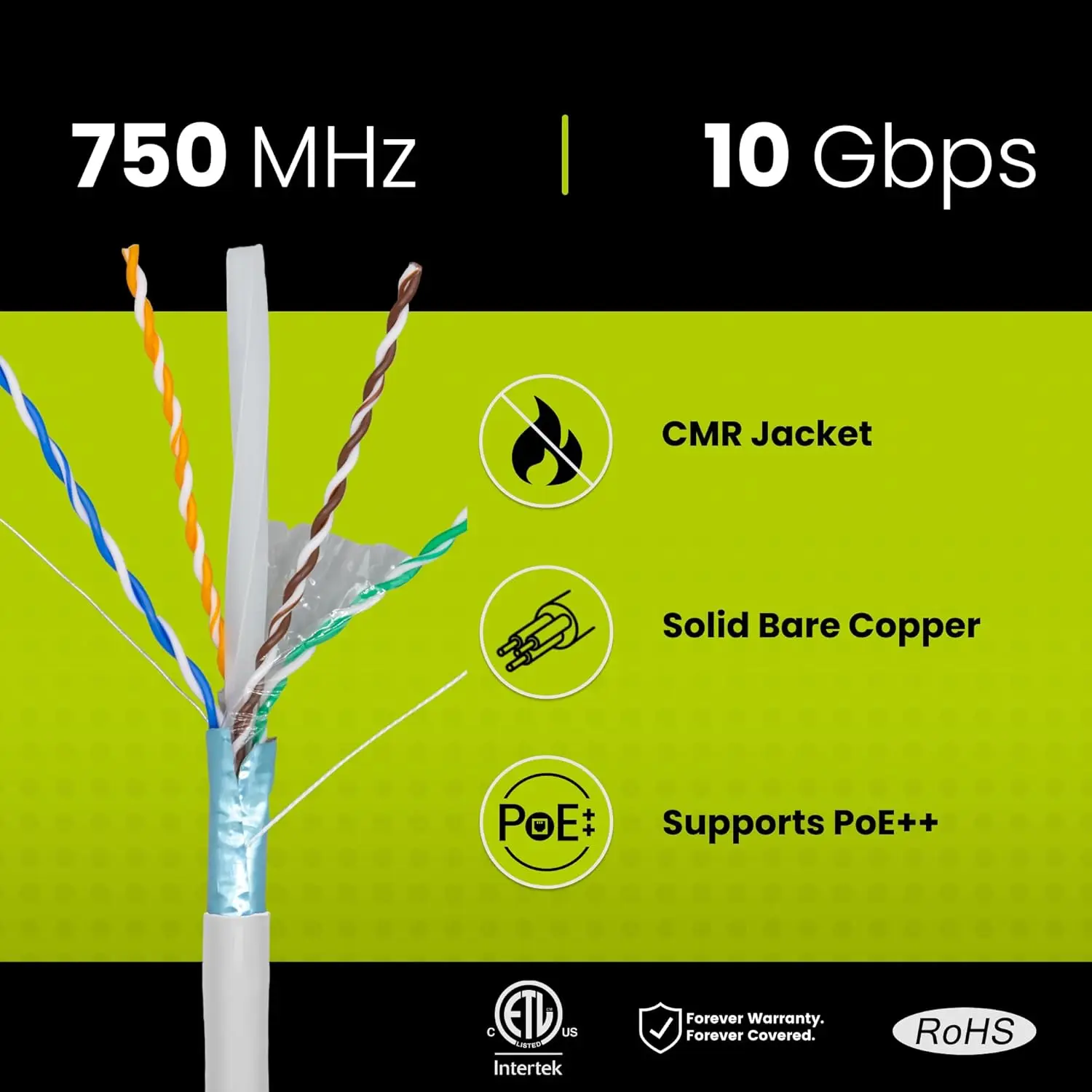 Cat6A Shielded Riser (CMR), 1000ft, White, 23AWG Solid Bare Copper, 750MHz, PoE++ (4PPoE), ETL Listed, Overall Aluminum Foil