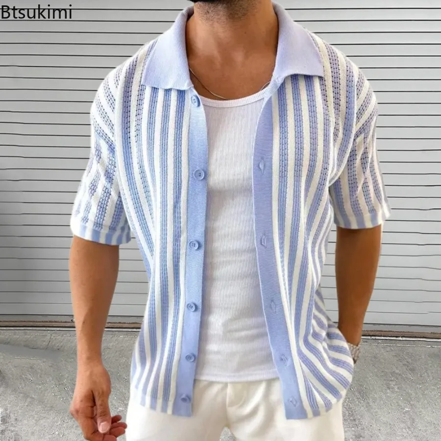 New 2025 Men's Summer Striped Knitted Polo Shirts Short Sleeve Turn-down Collar Button Cardigan Top for Men Casual Knitted Shirt