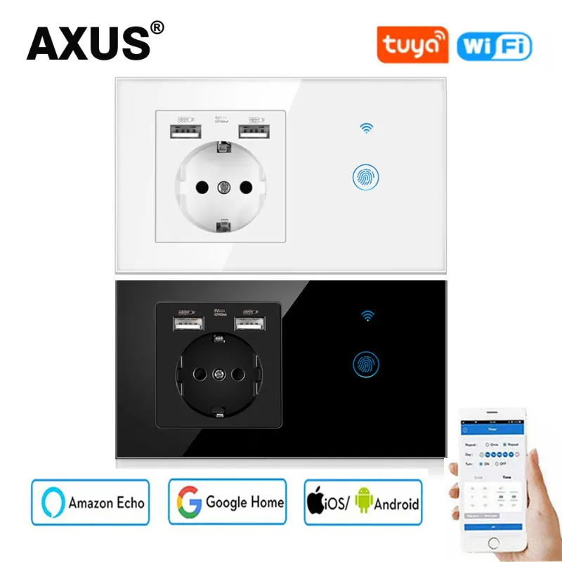 AXUS Europen Wifi USB Touch Switch Smart Power Socket Plug Wall Power Crystal Glass Panel 16A French Socket 146mm Plug Grounding