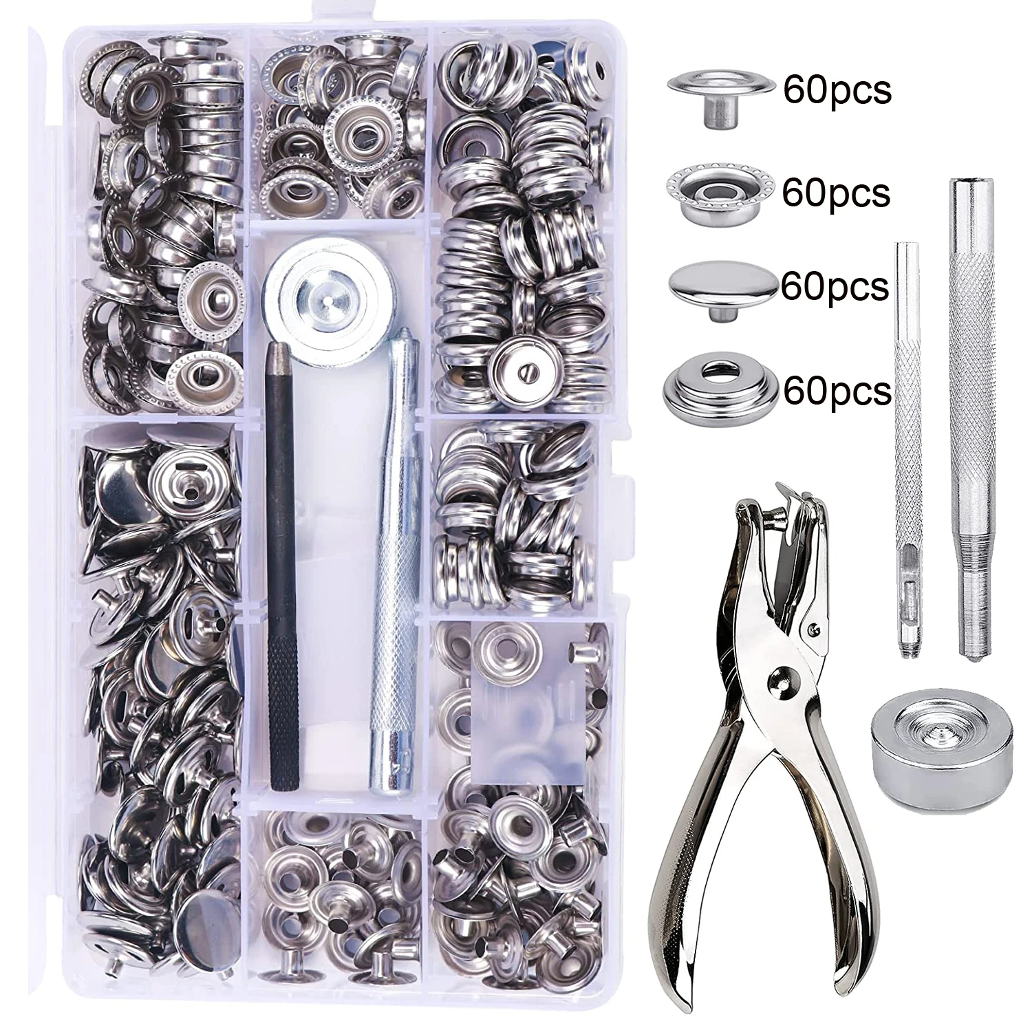 240pcs 15mm Canvas Snap Kit Tool Marine Grade Snap Fastener Stainless Steel Snap Buttons for Boat Cover,Leather,Bag,Clothes,Tent