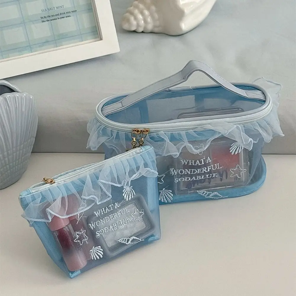 Oxford Cloth Blue Mesh Embroidered Makeup Bag Embroidery Ruffle Edge Nylon Cosmetic Bag Multifunctional Large Capacity
