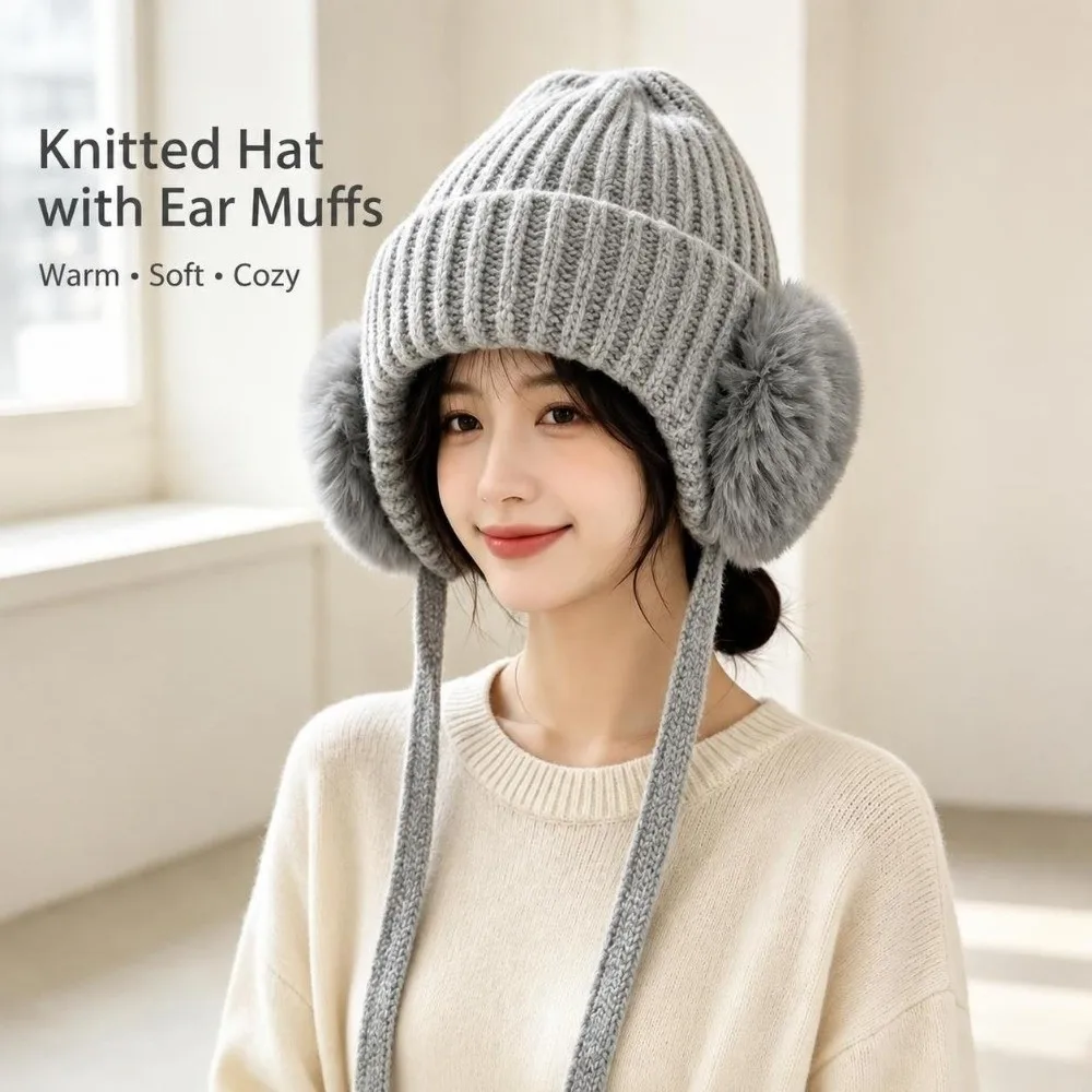 New Warm Knitted Beanie Hat Multicolor Faux Fur Pom Pom Thermal Ski Hat Soft Winter Skullcap Women 3