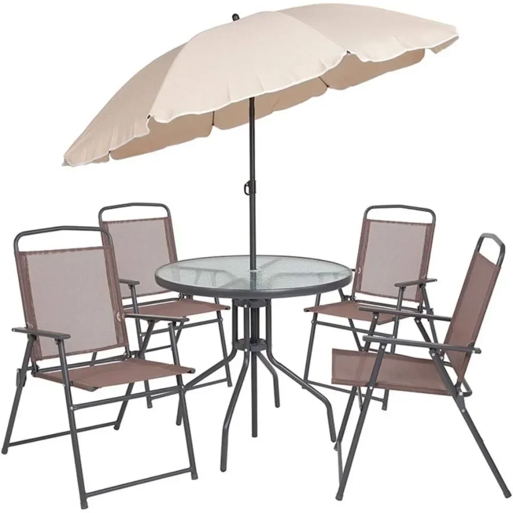 Flash Meubelen Nantucket 6-delige Patio Eetkamer Set Met Glazen Tafel, 4 Klapstoelen, En Paraplu, Terras Tafel, Stoelen