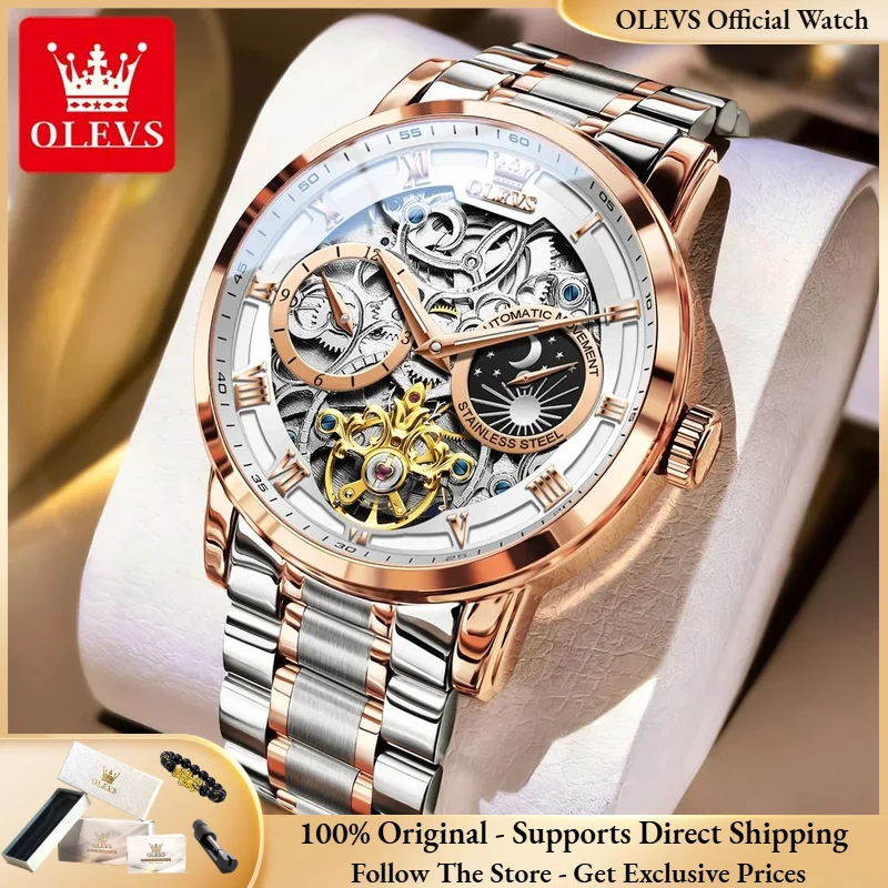 OLEVS 6670 Men Watch Luxury Brand All Automatic Mechanical Watch Trend Classic Hollow Moon Phase Waterproof Men Watch Gift Reloj