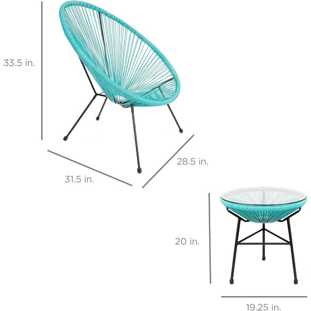 3-teiliges Acapulco Allwetter-Terrassen-Gesprächs-Bistro-Set für den Außenbereich mit Kunststoffseil, Tisch mit Glasplatte und 2 Stühlen – Hellblau