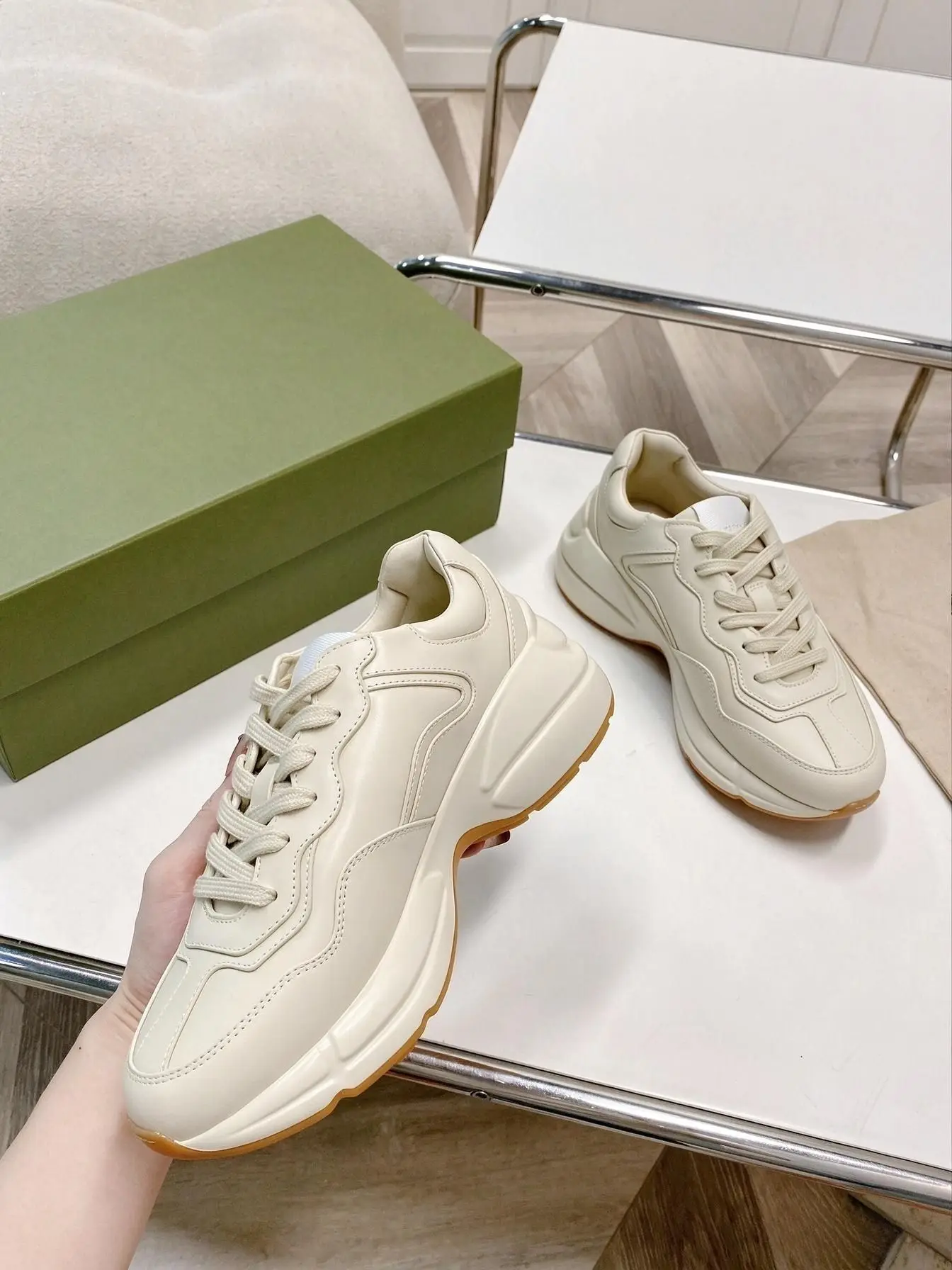 Unisex Cream Faux Leather Chunky Dad Sneakers, Lace Up Low Top Gum Thick Platform Sole Casual Walking Shoes