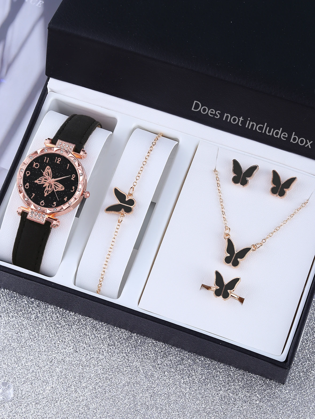 Casual fashion big black butterfly ladies quartz watch and alloy butterfly set every day dress gift