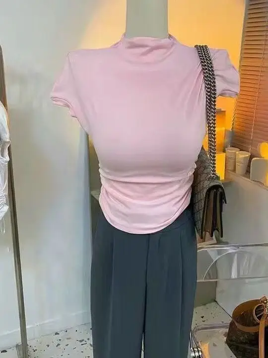 

Slim Fit Half High Collar Short Sleeve T-Shirt Women Summer New Base Shirt Pure Desire Korean Style Waist Side Pleat Design S...