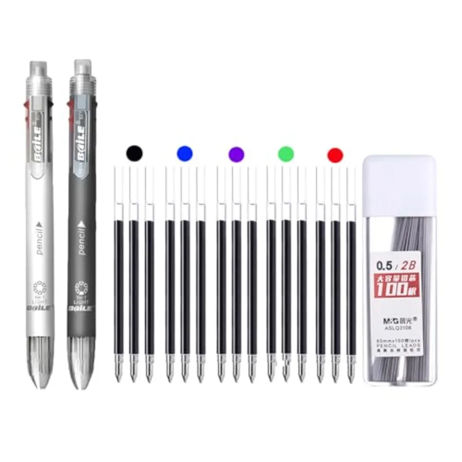 

18Pcs 6 in 1 MultiColor Pen Set - Retractable Ballpoint Pens and Mechanical Pencil in One - BlackandWhite