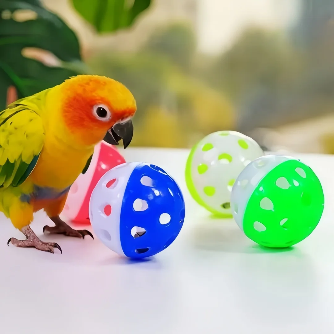 5 Stück Plastik-Spielbälle für Haustiere, Papageien und Katzen, Farbige Hohle Glockenbälle, Kauspielzeug für Vogelkäfige, Interaktives Spielzeug für Haustier-Vogelzubehör – Detail 3