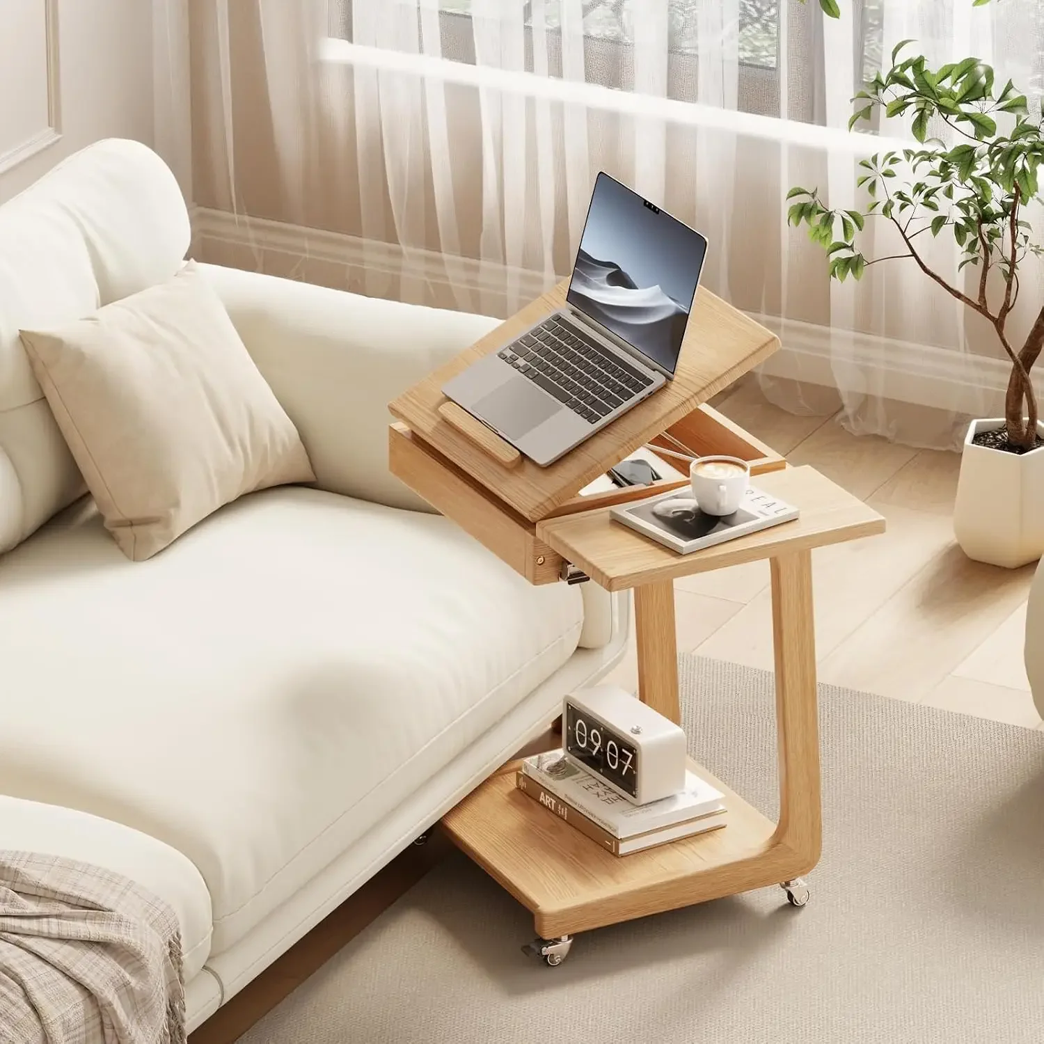 Solid Wood C Shaped End Table for Couch, Oak Couch Desk | C Table with Wheels, Rolling Side Table with Storage, Adjustable