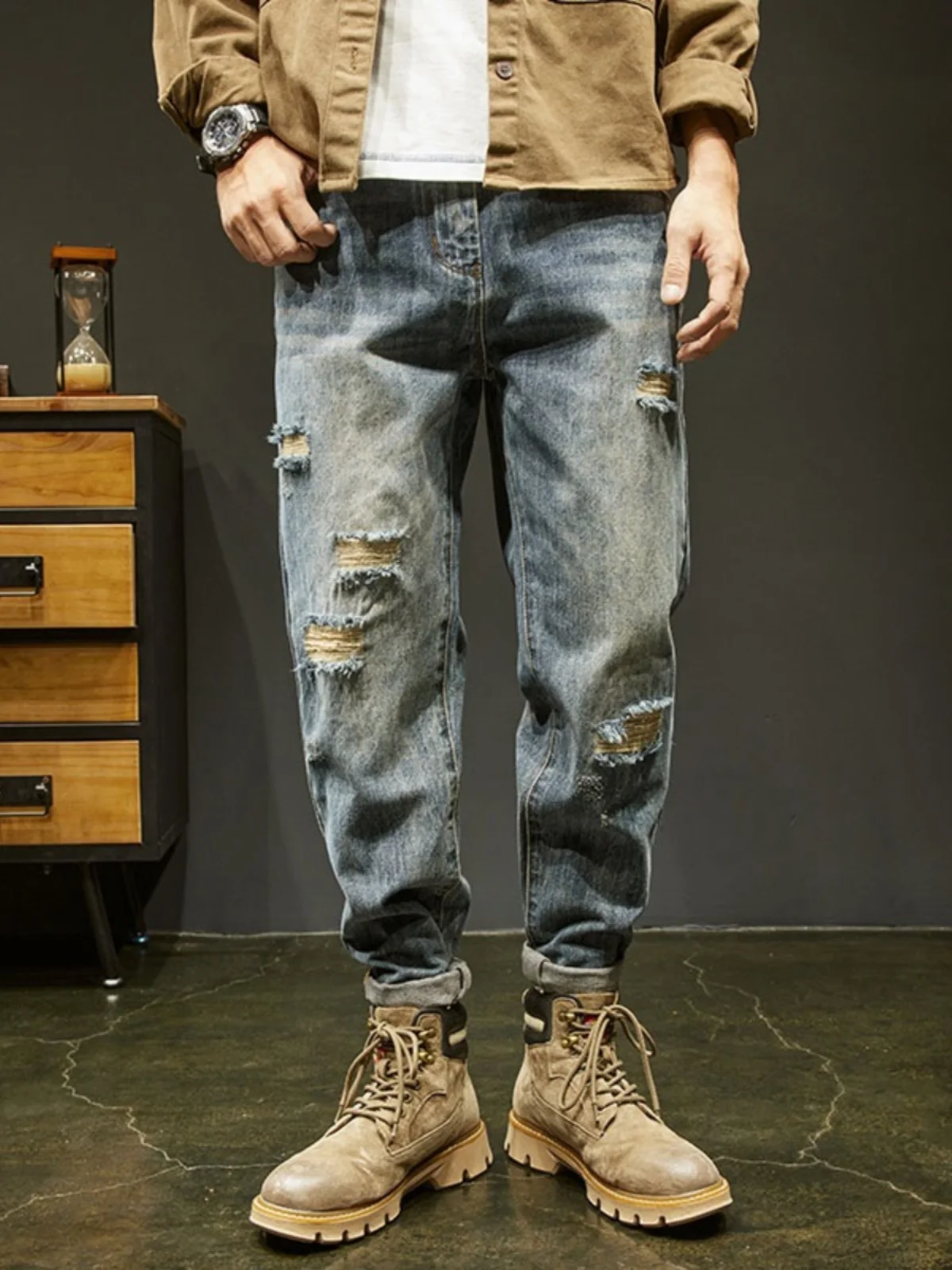 

Loose Fit American Style Men's Jeans High Waist Nine-Tenths Long Pants Retro Streetwear High Street Premium Denim Jeans