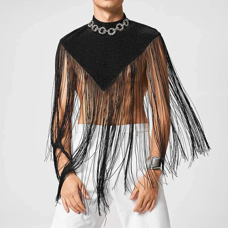 

Men's Irregular Patchwork Tank Tops Fashion Vests Tassel Turtleneck Sleeveless Streetwear Sexy Cloak Ponchos Performance Costume