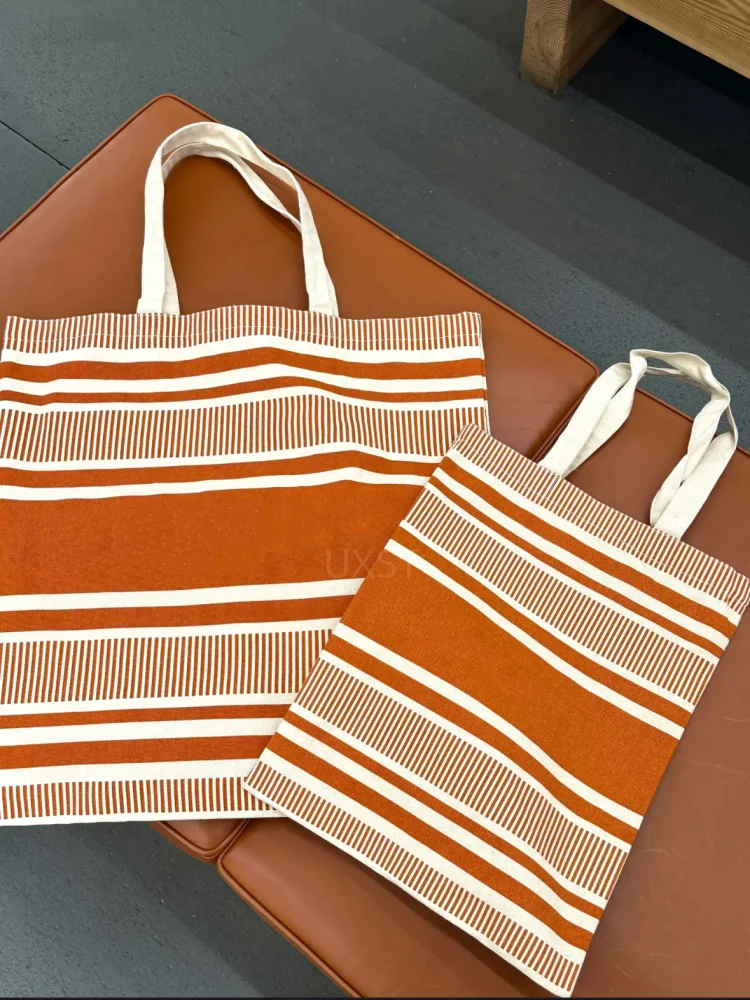 UXST Orange Striped Canvas Shoulder Bag Simple Causal Shopping Bag Student Mommy Commuter Tote Bag Summer Large Capacity Handbag