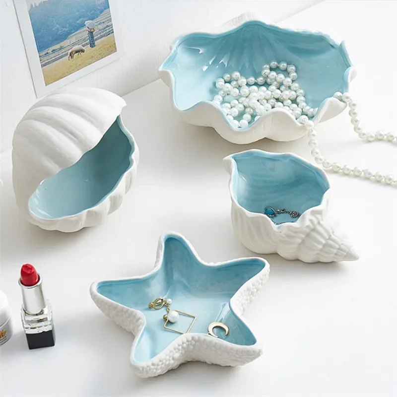 Nordic Ceramic Conch Shape Starfish Jewelry Tray White Porcelain Dessert Plate Necklace Earrings Display Storage Box Ashtray