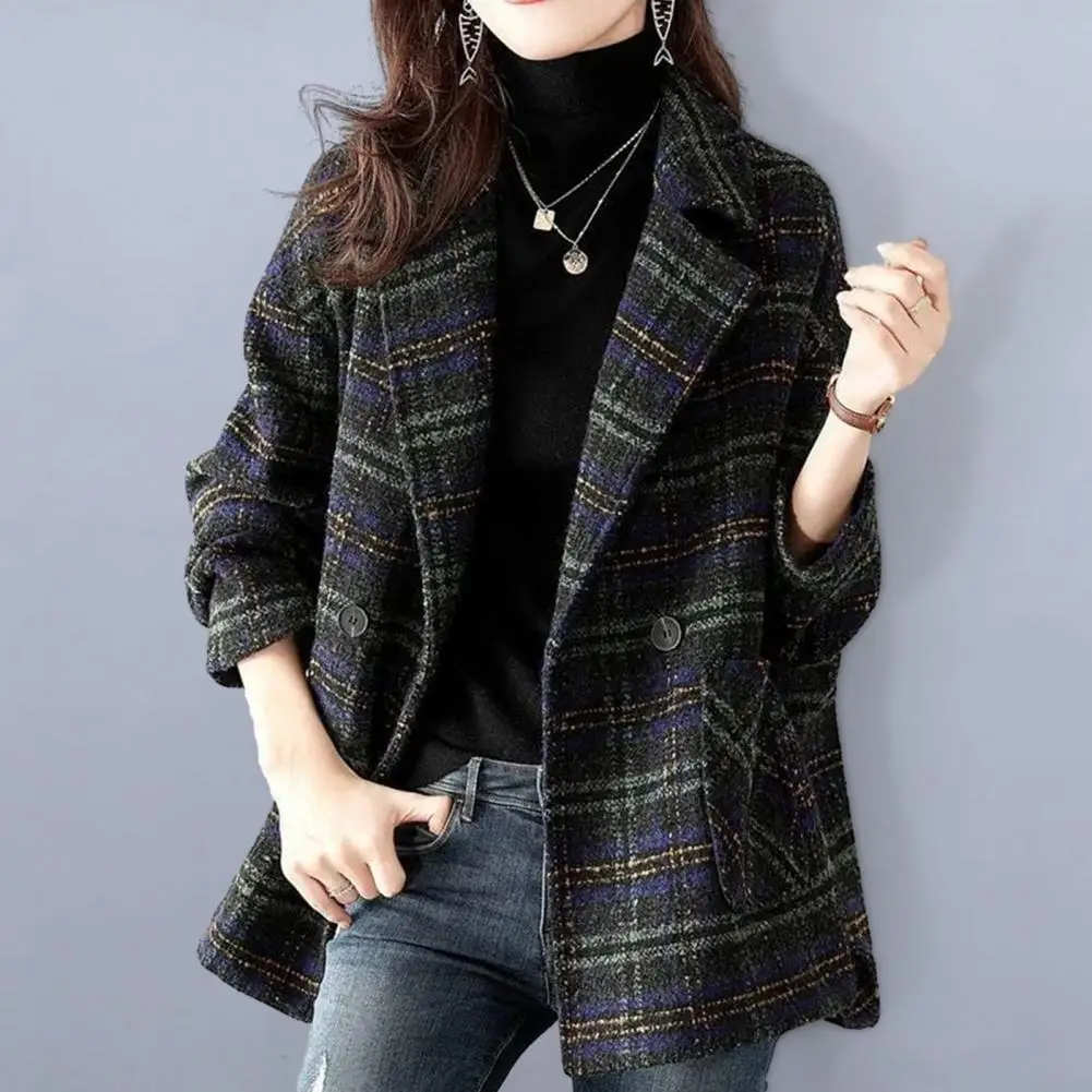 Women Solid Color Jacket Elegant Plaid Print Women's Winter Coat with Turn-down Collar Retro Cardigan Style Stay for Fall/winter - Image 4