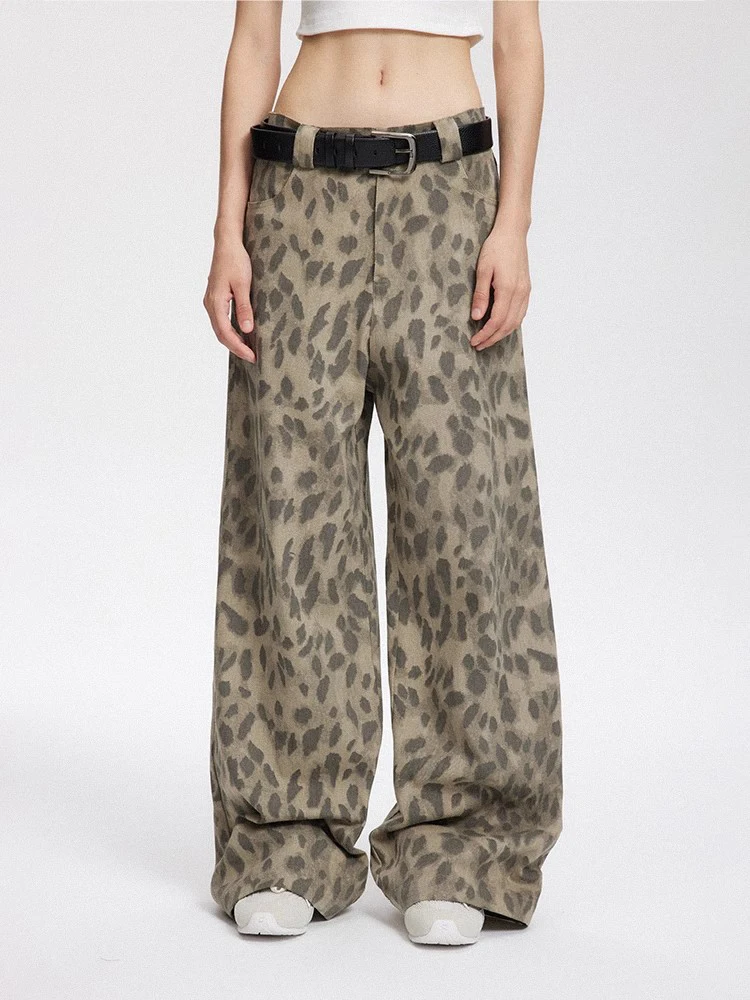 2024 Autumn Vintage Leopard Print Pants Women Casual Loose Jeans Y2k Female Fashion Streetwear Spodnie z szerokimi nogawkami