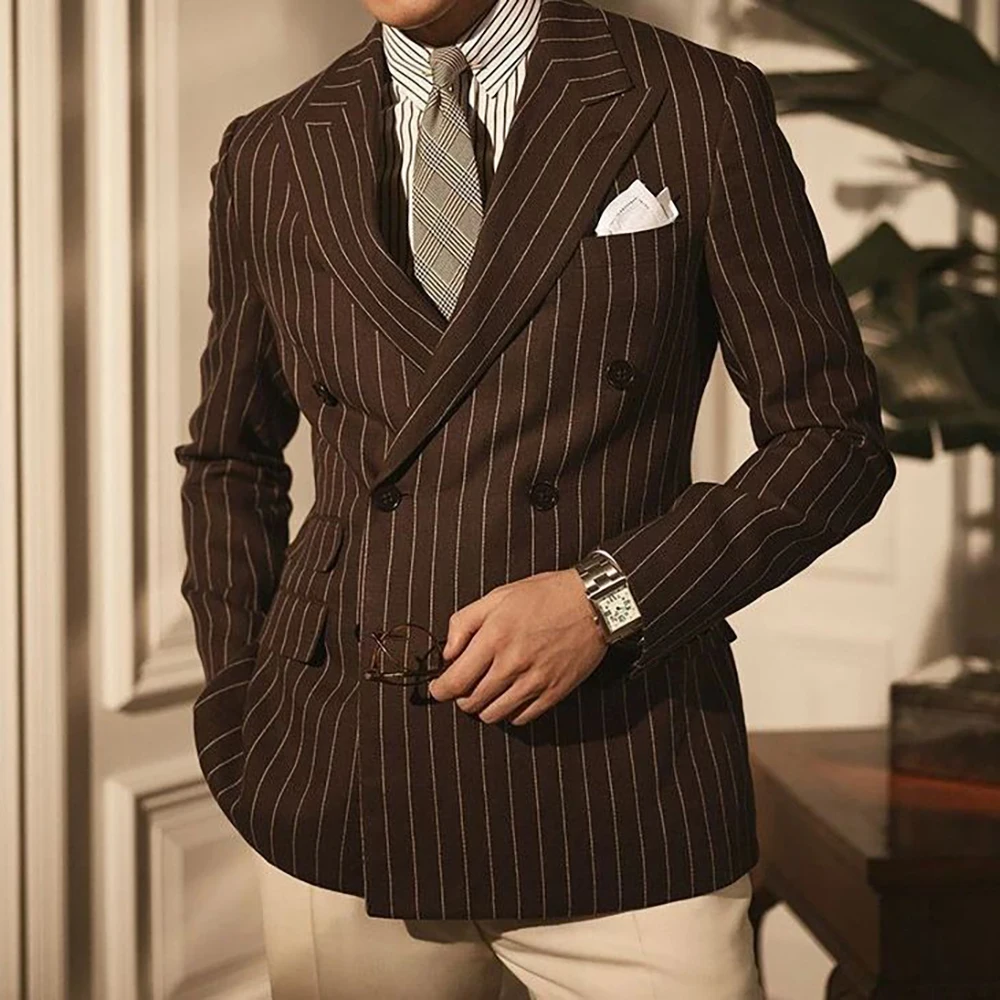 Luxury Men Suits Brown Stripe Blazer Khaki Pants Chic 2 Piece Double Breasted Peak Lapel High Quality Outfits Skinny Full Set