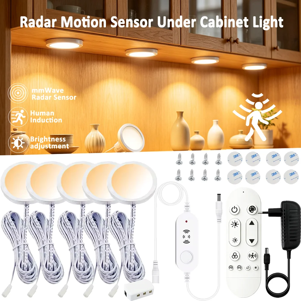 Radar Motion Sensor LED Night Light Round Under Cabinet Light Warm White Dimming Closet Lamp for Shelf Kitchen Cabinet Wardrobe