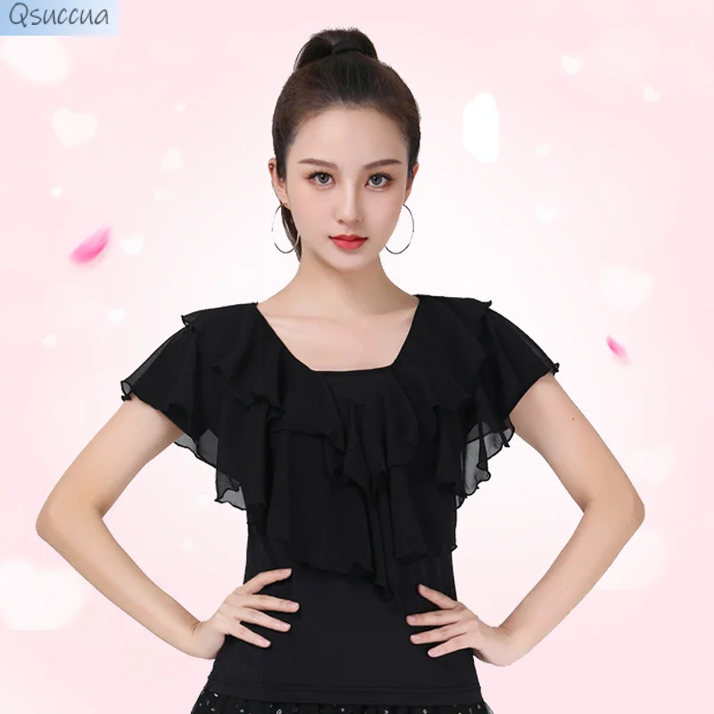 New Summer Short-Sleeved Ice Silk Blouse Women\'s Lotus Leaf Sleeve Dance Costume Performance Costume