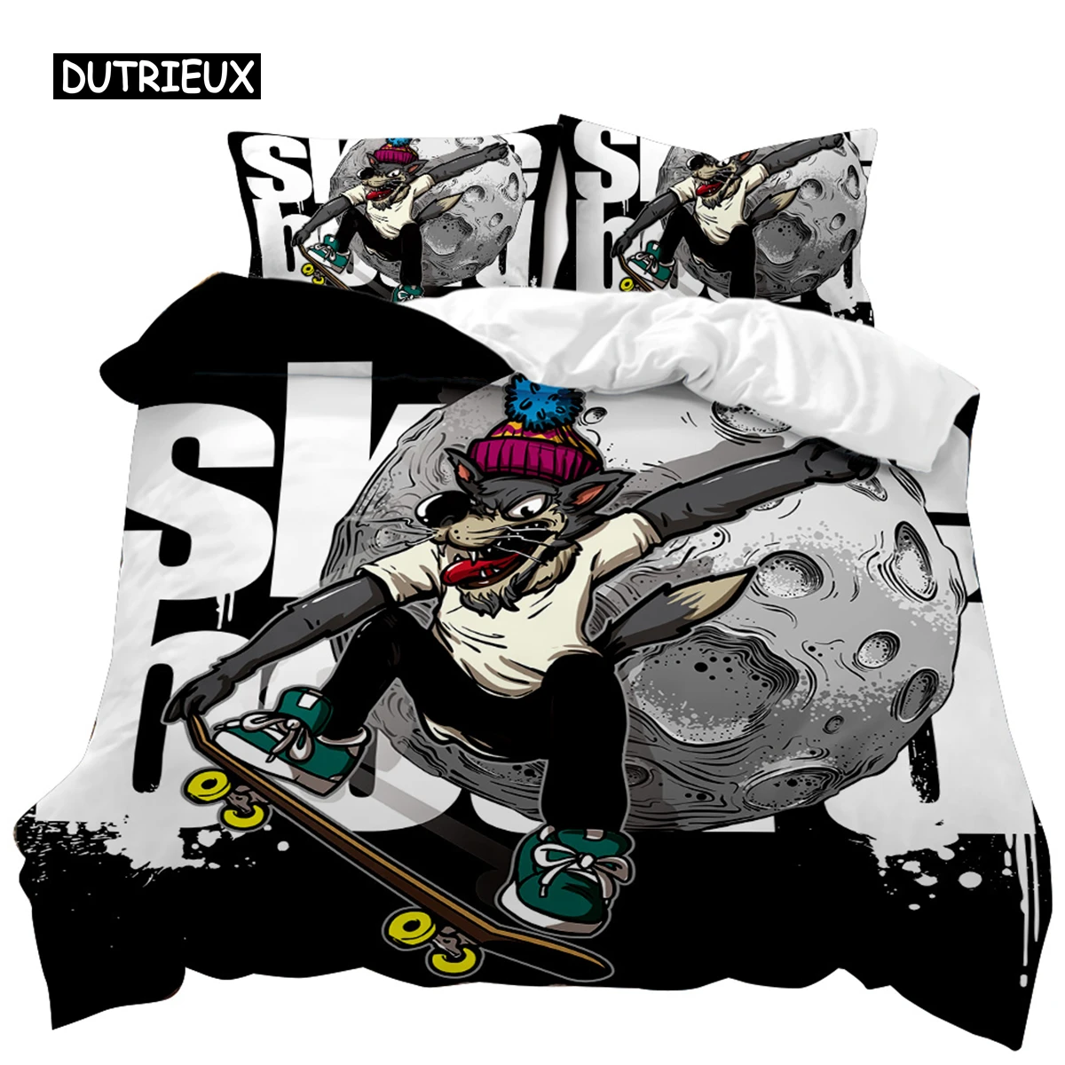 

Cartoon Skateboard Duvet Cover Set Cartoon Wolf Kids Hip Hop Skateboard Sport Queen King Cute Wild Animal Polyester Quilt Cover