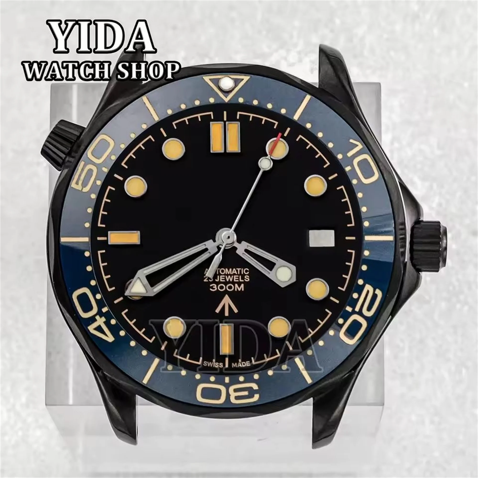 

41mm Black Watch Case 316L Stainless Steel Bezel Ring 31mm Dial Green Luminous Hands For Seamaster 300 NH35 NH36 Movement Parts