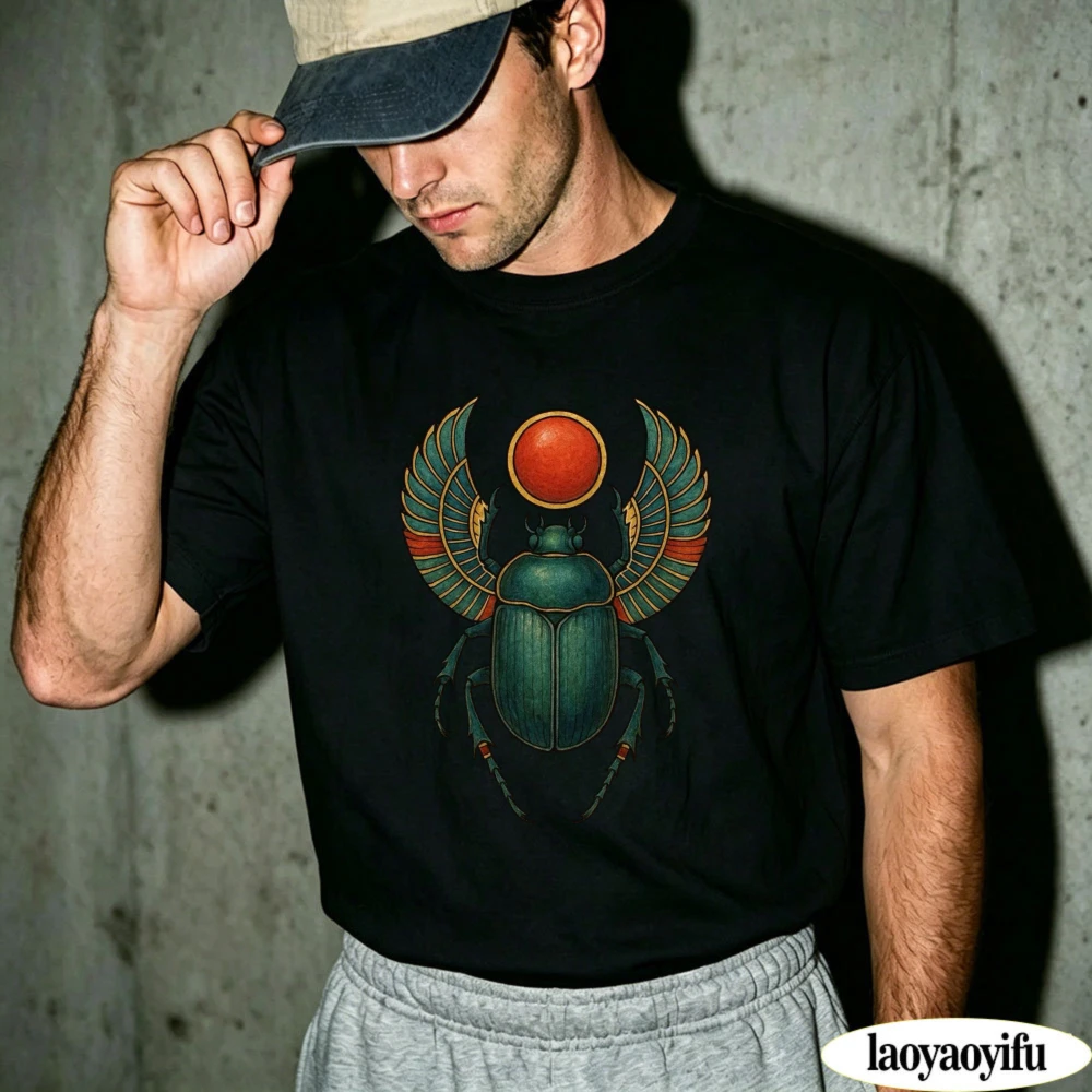Egyptian Scarab Beetle Design Summer Casual Fashion Streetwear Men T-Shirt Cotton Short Sleeve Outdoor Top Gift For Him Apparel