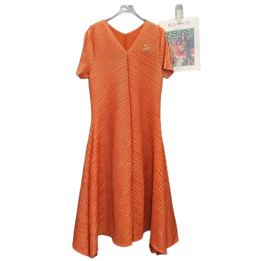 ALSEY 三宅 V ネック無地半袖プリーツ女性のドレス 2025 夏の新ファッションカジュアル多用途デザインスカート