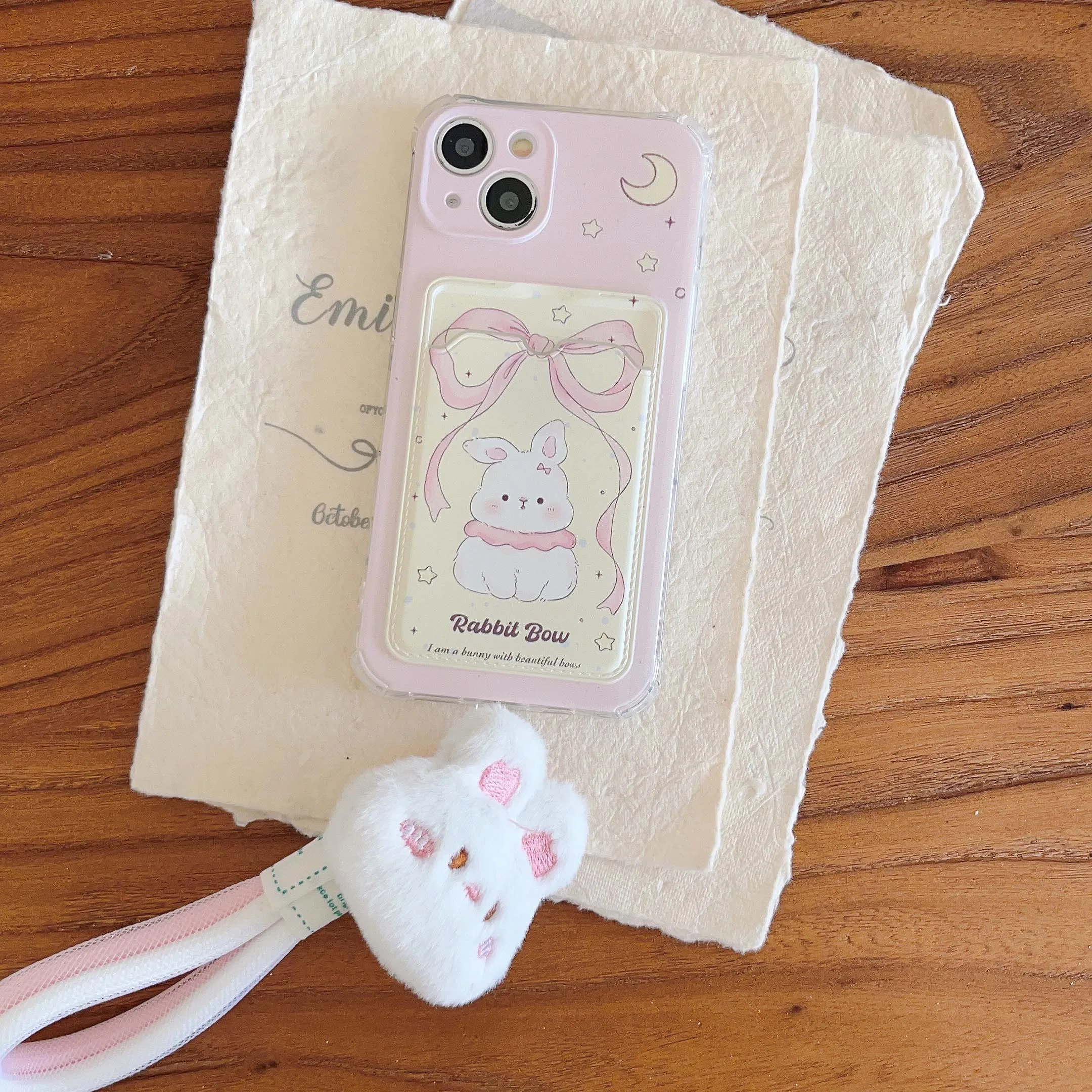 Cute Pink Bow Rabbit Card Bag Phone Case For Iphone 13 11 14Pro 15ProMax 13Pro 12 14 15 Pro Max 13ProMax Plush Bunny Rope Cover