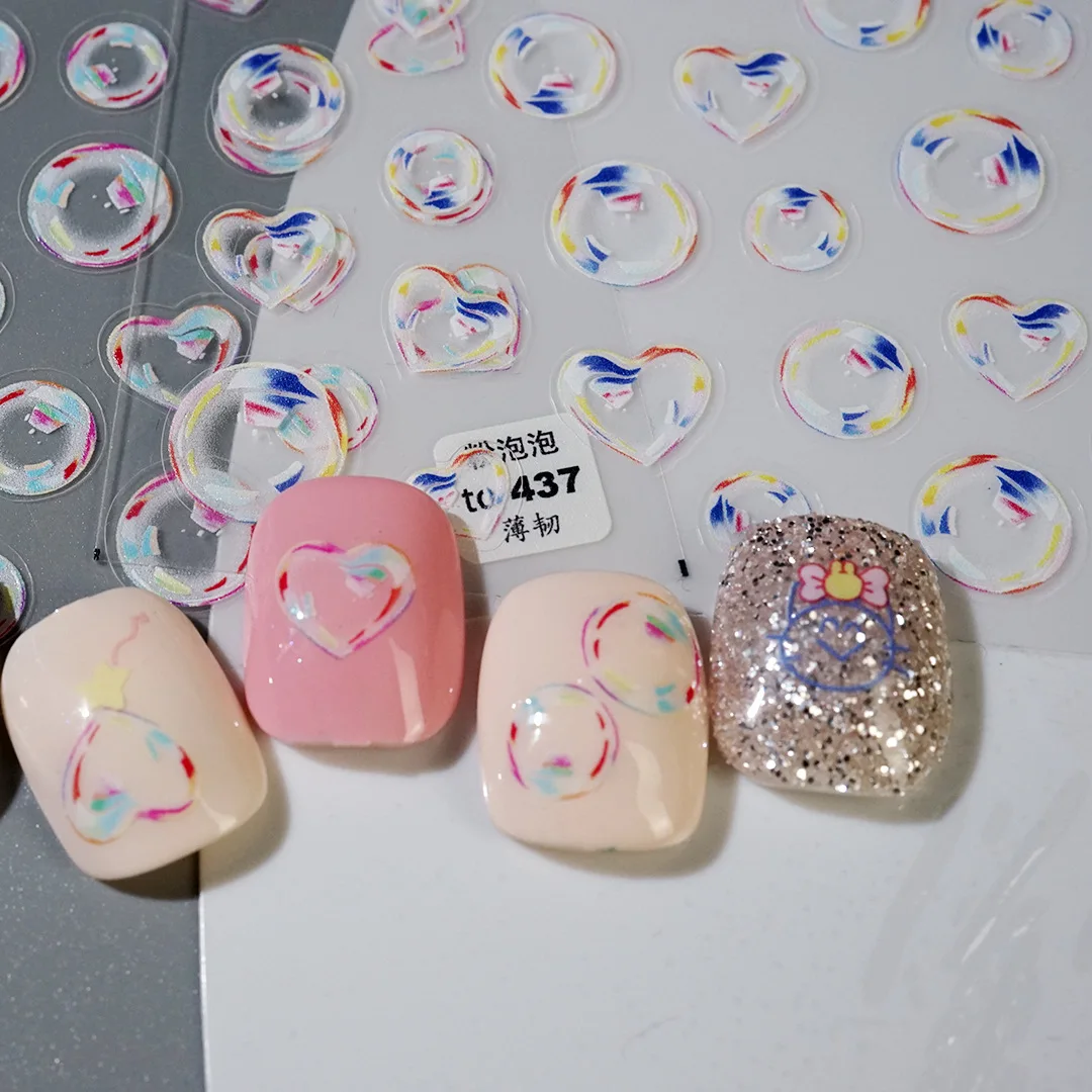 1 szt. Modna 5D Kawaii różowo-niebiesko-białe bąbelki naklejka artystyczna do paznokci z wydrążonym ozdoba do paznokci do przenoszenia miłości samoprzylepne naklejki z suwakiem