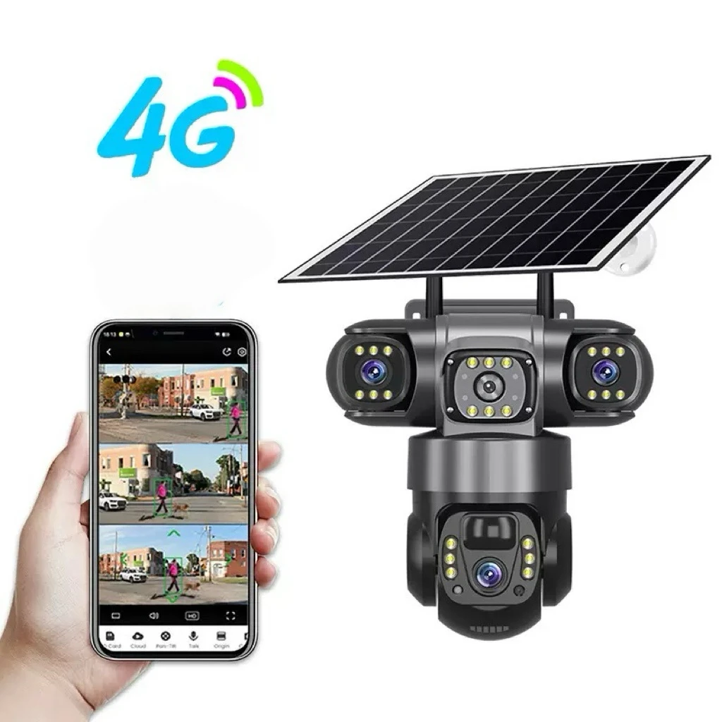 12MP PTZ Camera 4 Lens Solar Security Camera Wireless WiFi Two Way Audio Auto Tracking 4G Sim Card  Cloud