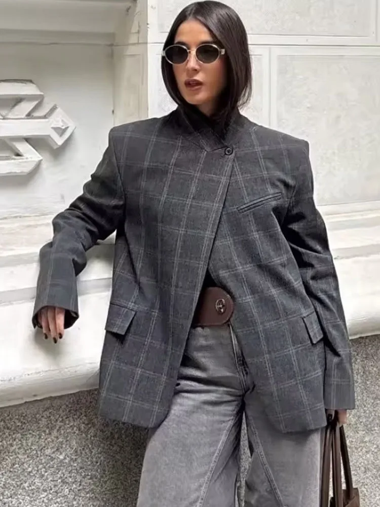 

Stand Collar Vintage Plaid Blazer Jacket Women Chic Street Full Sleeve One Button Split Loose Short Coats Lady Commute Outerwear