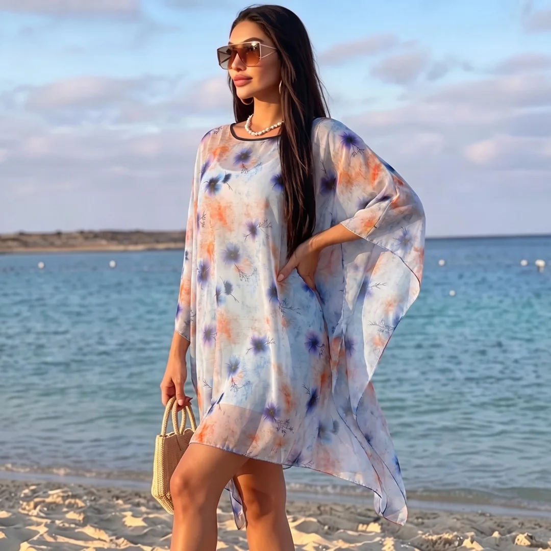 Multicolor Floral Watercolor Chiffon Robe For Muslim Women Batwing Sleeve Casual Seaside Swim Cover Up Abaya