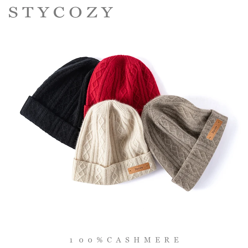100%Cashmere Women Winter Twisted Cable Knit Beanie Diamond Pattern Folded Brim Hat Soft Warm Skull Cap Ladies Autumn Outdoor