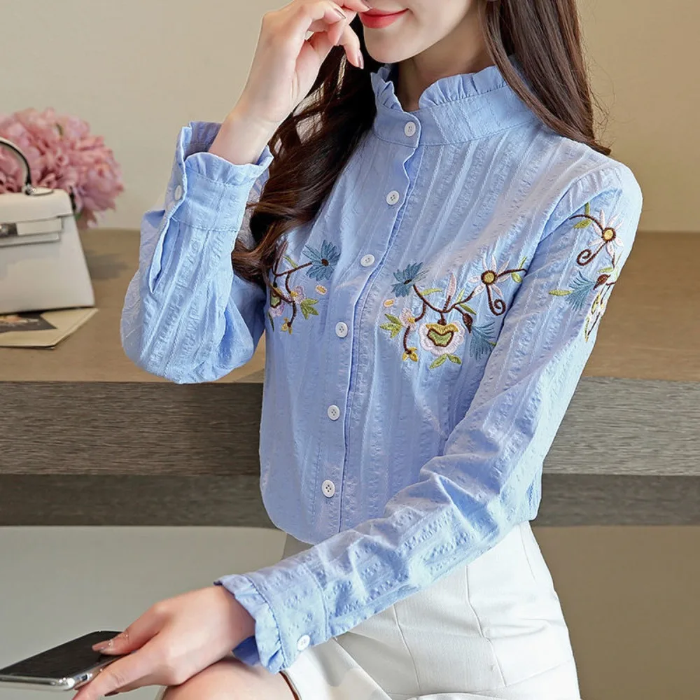

Vintage Shirts for Women Clothing Womens Tops Blouse Embroidery Autumn Casual Fashion Clothes Spring Cotton Long Sleeve Tees