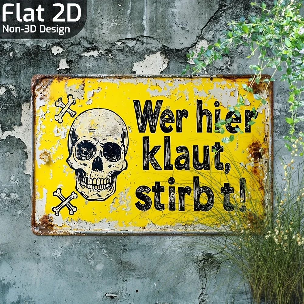 Vintage Deutsches Metallschild „Wer hier stiehlt, stirbt hier“ – Retro Eisenwandtafel mit Totenkopf- und Knochenmotiv, rustikaler Schriftzug