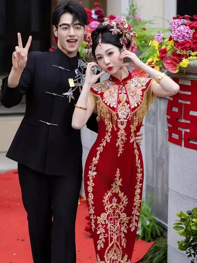 

Новое китайское платье для тостов, платье Cheongsam для помолвки 2021, высококачественное атласное платье со спиной до двери, свадебная одежда из суда