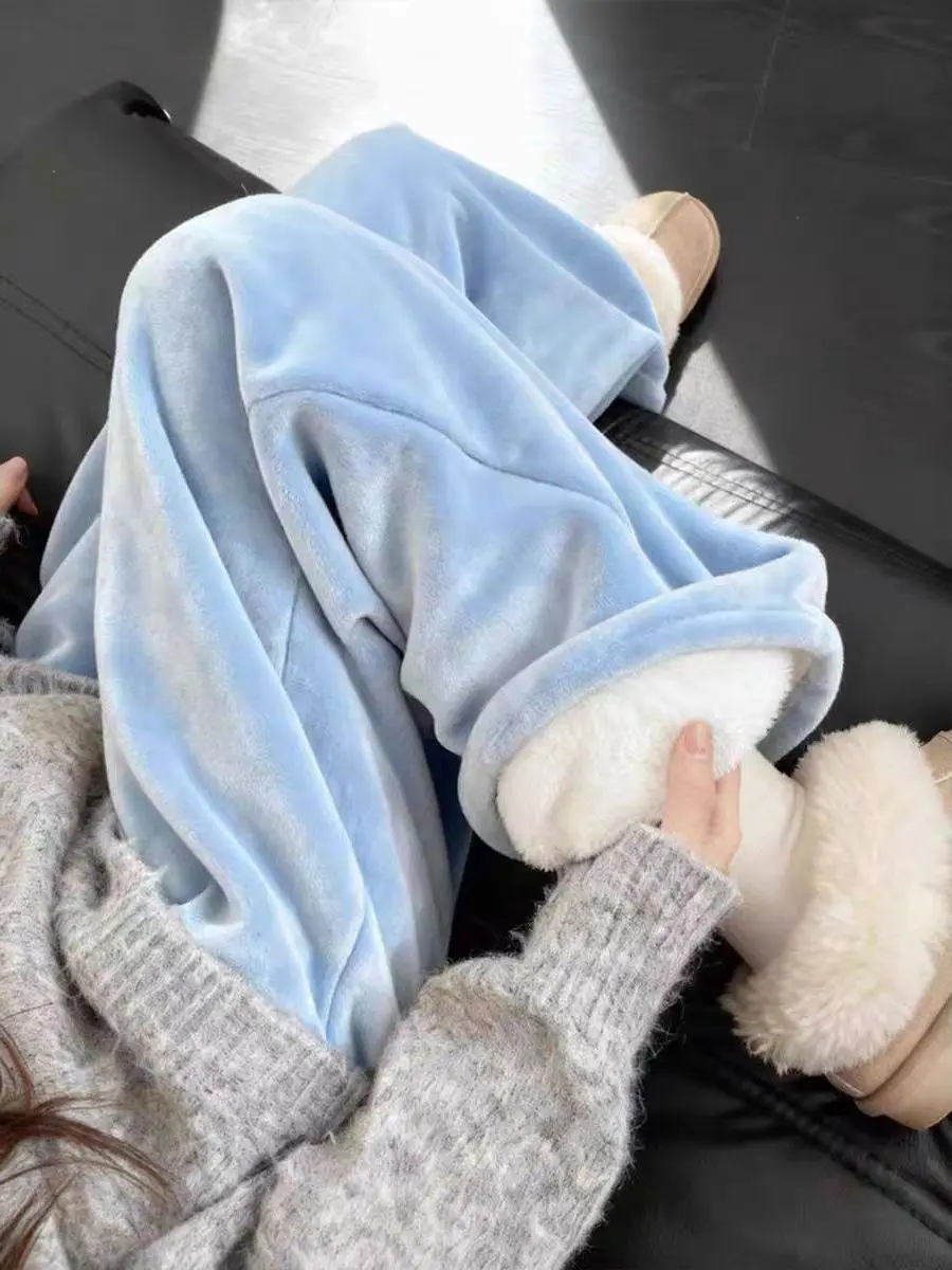 

Синие бархатные брюки с широкими штанинами, женские свободные удобные брюки на флисовой подкладке, повседневные модные брюки в корейском стиле с высокой талией